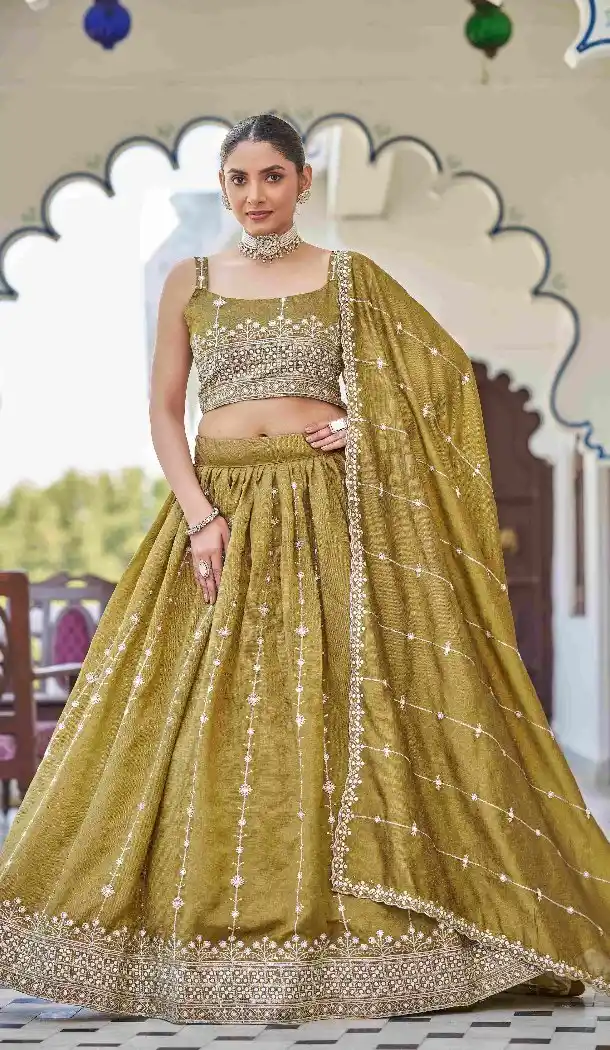 Mustard Thread Work Silk Designer Lehenga Choli - 15132220982
