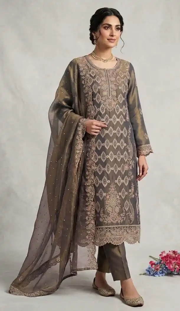 Plus Size Mehendi Silk Salwar Suit with Embroidery Work 15164221192