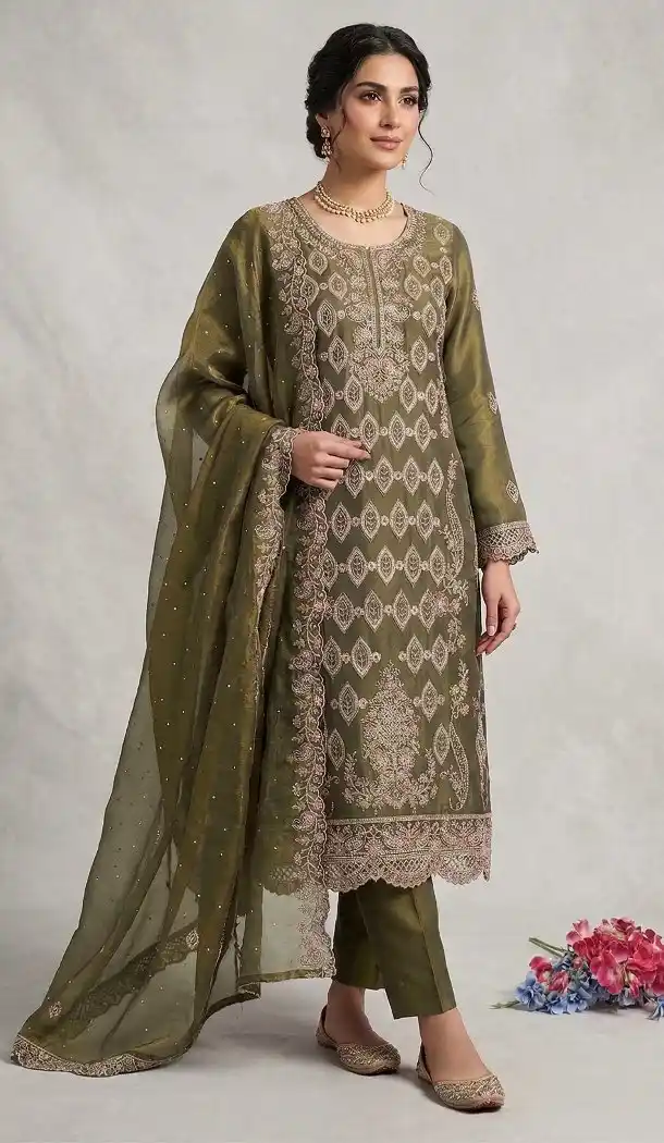 Green Silk Embroidered Salwar Kameez for Women Plus Size 15164221193