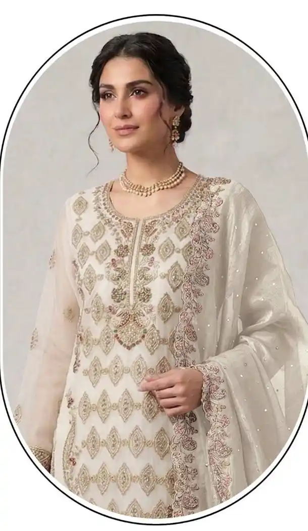 White Silk Salwar Suit with Elegant Embroidery - 15164221195