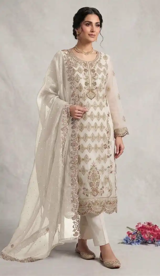 White Silk Salwar Suit with Elegant Embroidery - 15164221195