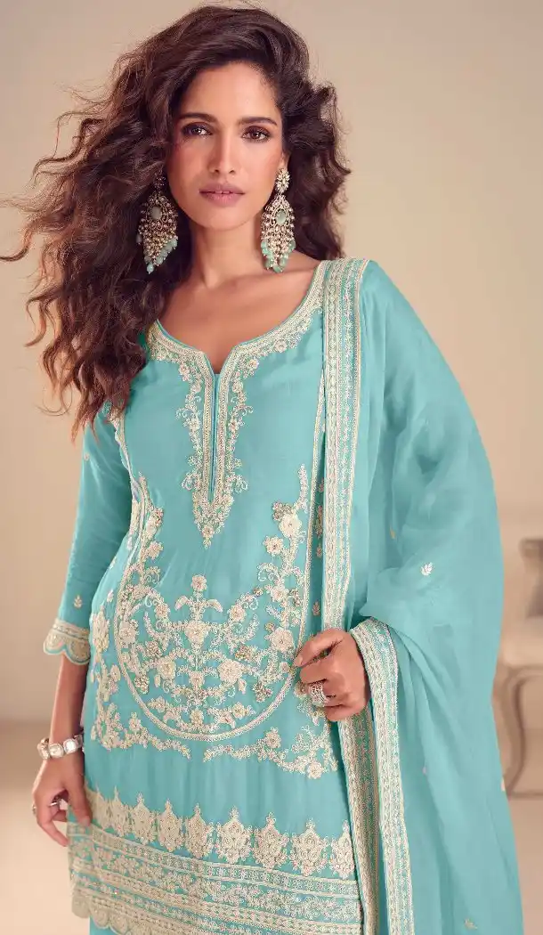 Sky Blue Embroidered Chinon Palazzo Suit for Women 15167221202