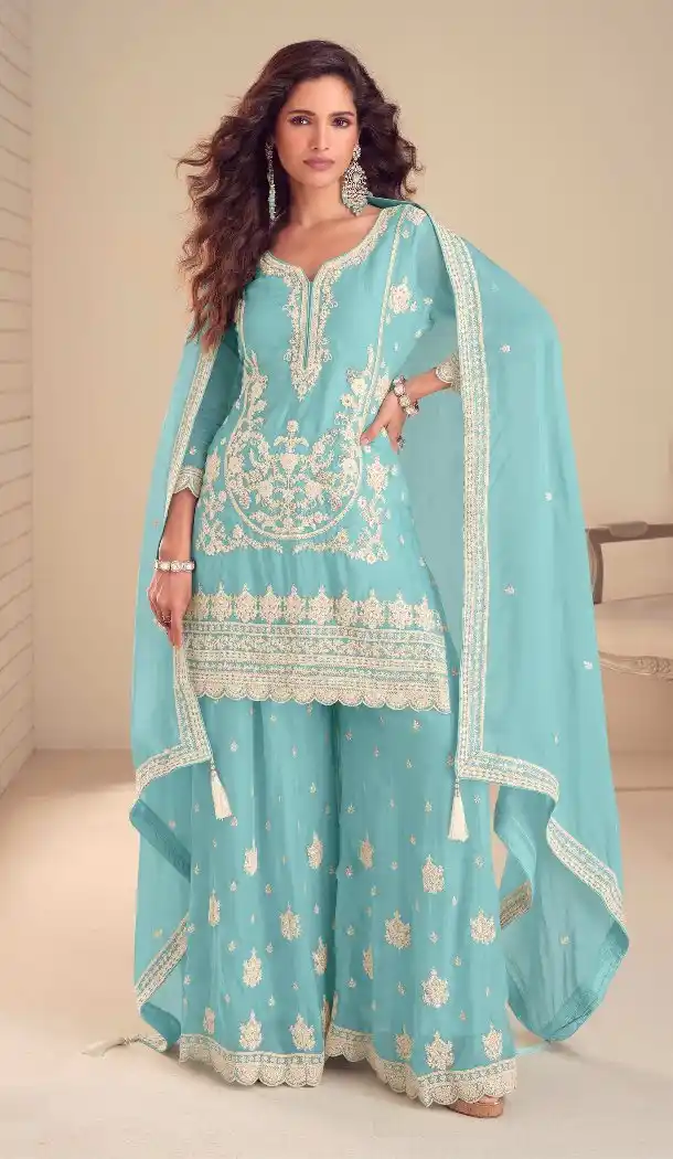 Sky Blue Embroidered Chinon Palazzo Suit for Women 15167221202