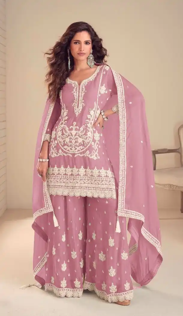 Pink Chinon Palazzo Suit with Elegant Embroidery Work 15167221203
