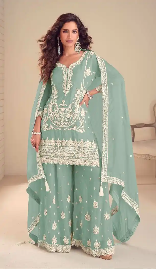 Graceful Green Palazzo Suit in Chinon with Embroidery 15167221204
