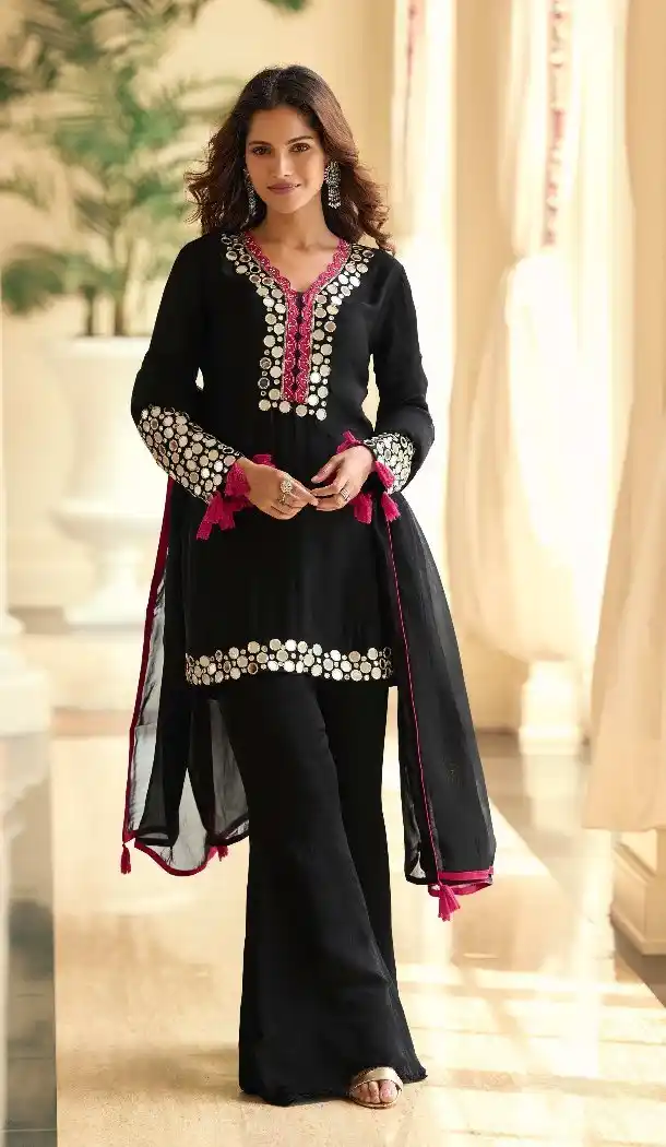 Shop Black Shimmer Palazzo Suit with Elegant Embroidery 15168221205