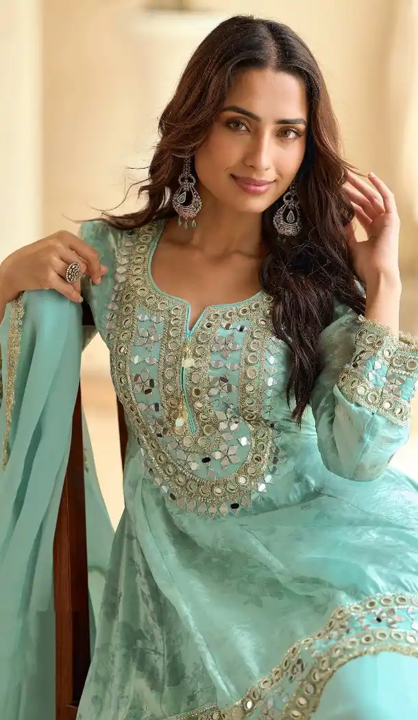 Sky Blue Embroidered Shimmer Palazzo Suit for Women 15168221206