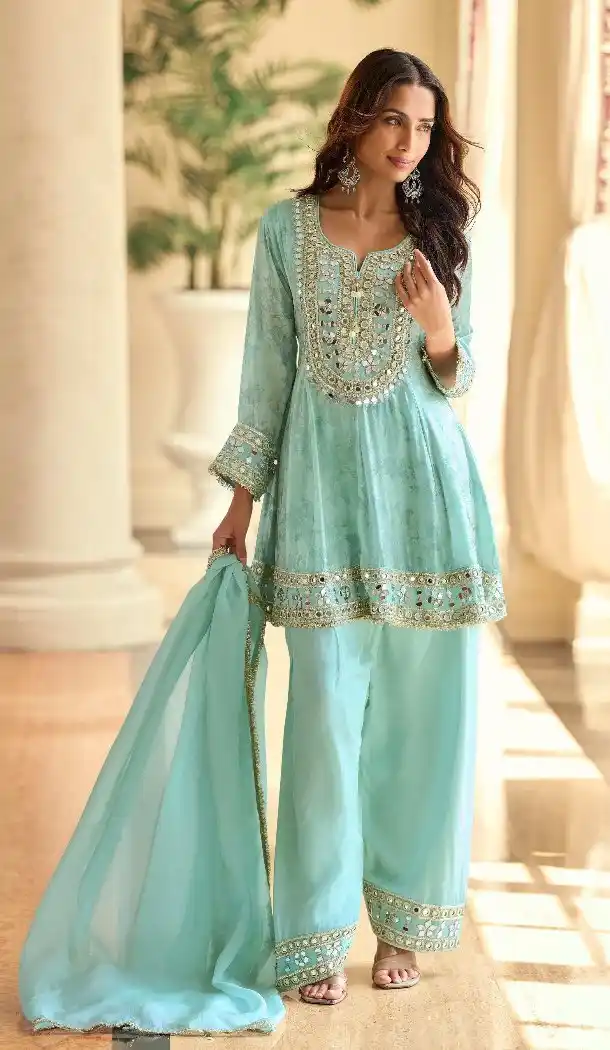 Sky Blue Embroidered Shimmer Palazzo Suit for Women 15168221206