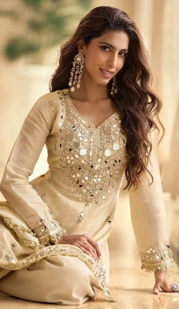 White Palazzo Suit in Shimmer Fabric with Embroidery Work 15168221207