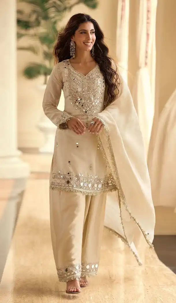 White Palazzo Suit in Shimmer Fabric with Embroidery Work 15168221207