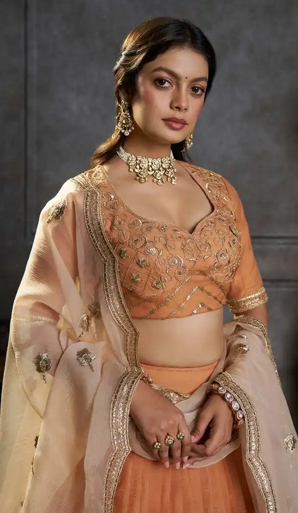Rust Organza Designer Plus Size Lehenga Choli with Embroidery 176182486