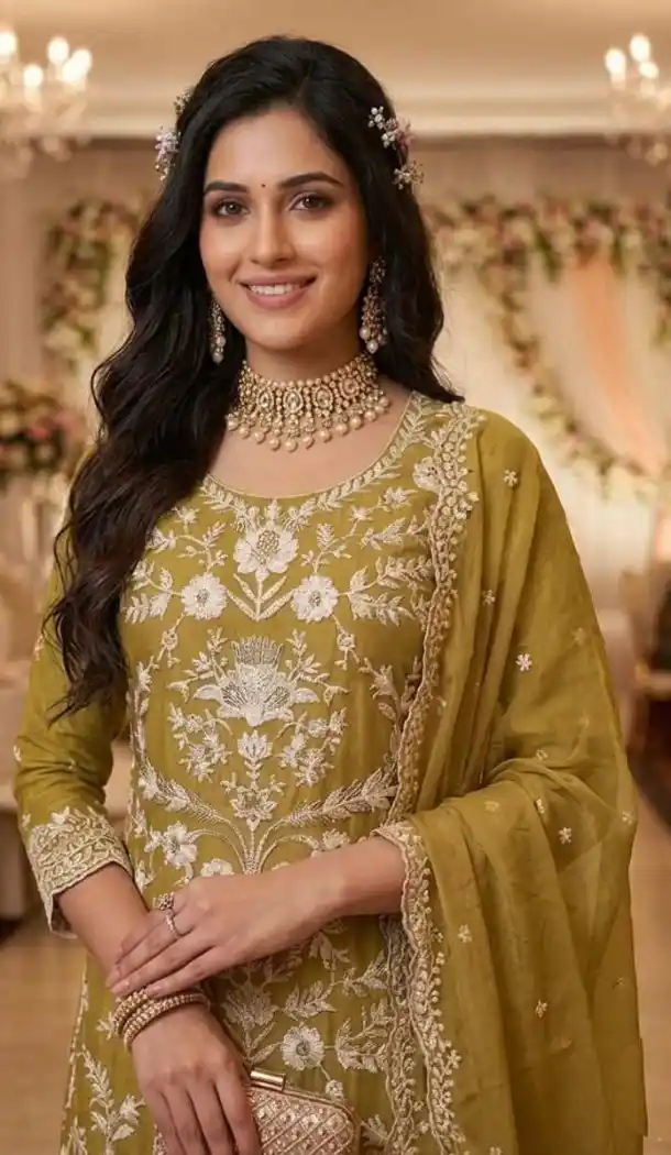 Mustard Embroidered Organza Salwar Suit 15170221212