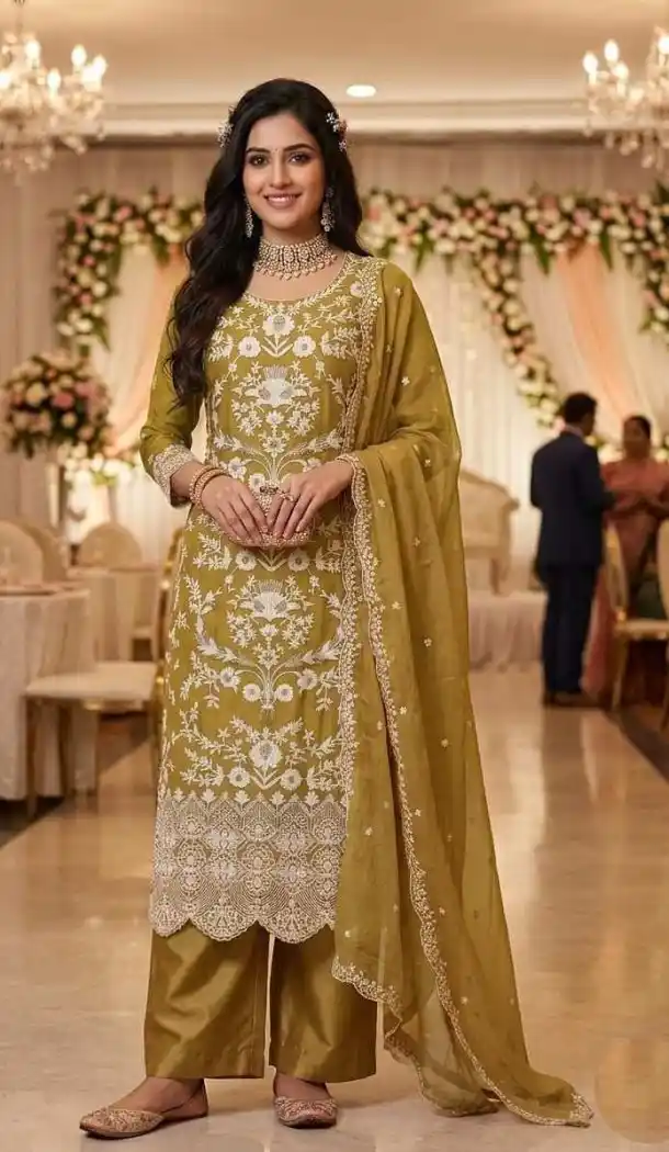 Mustard Embroidered Organza Salwar Suit 15170221212