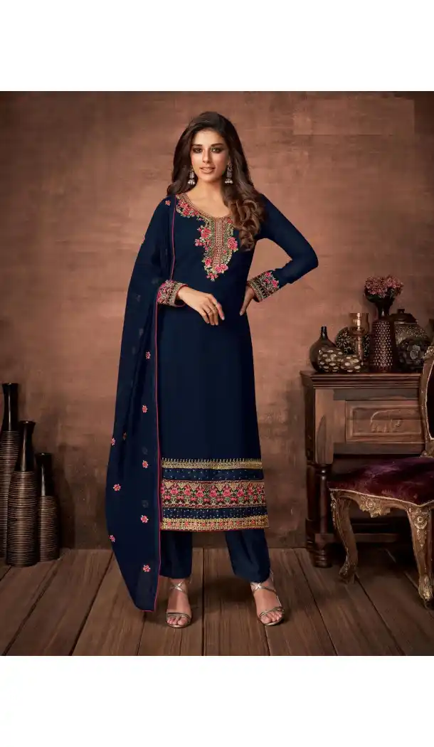 A Line Crystals Stones Work Navy Blue Color Party Wear Satin Silk | FHKF13625822