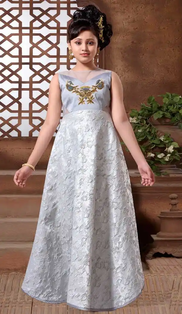 Gray Color with Bubbles Silk Fabric,  Exclusive Designer Kids Gowns | FHK13525679