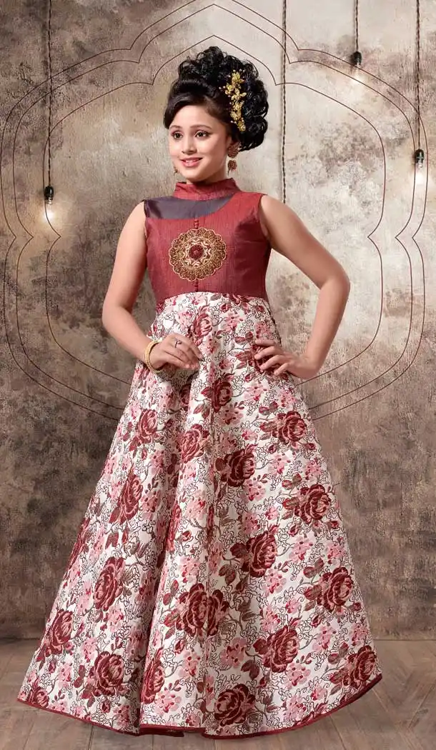 Light Brown Color with Bubbles Silk Fabric,  Exclusive Designer Kids Gowns | FHK13525685