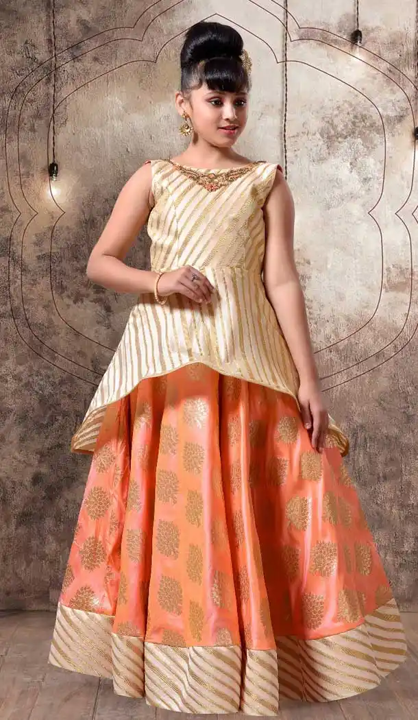 Orange Color with Jecard Silk Fabric,  Exclusive Designer Kids Gowns | FHK13525686