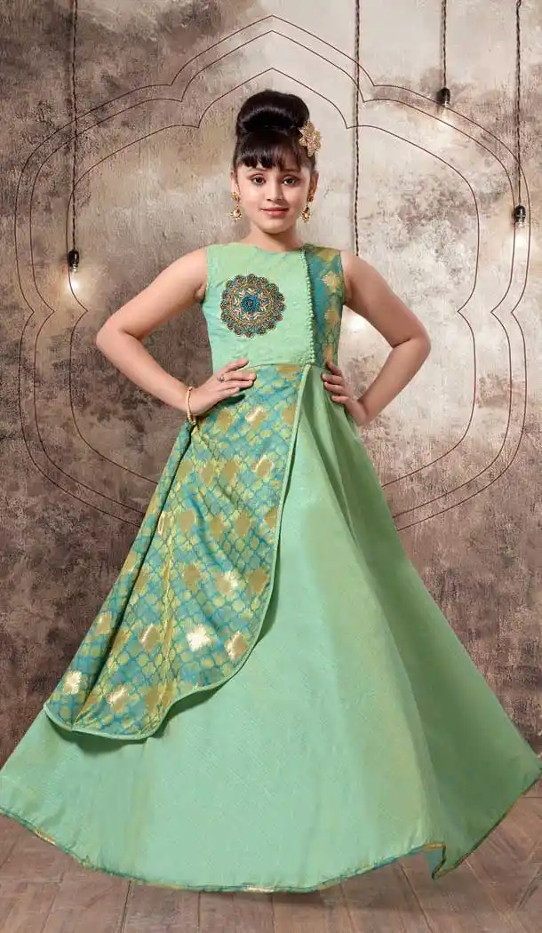 Green Color with Mashroom Silk Fabric,  Exclusive Designer Kids Gowns | FHK13525688