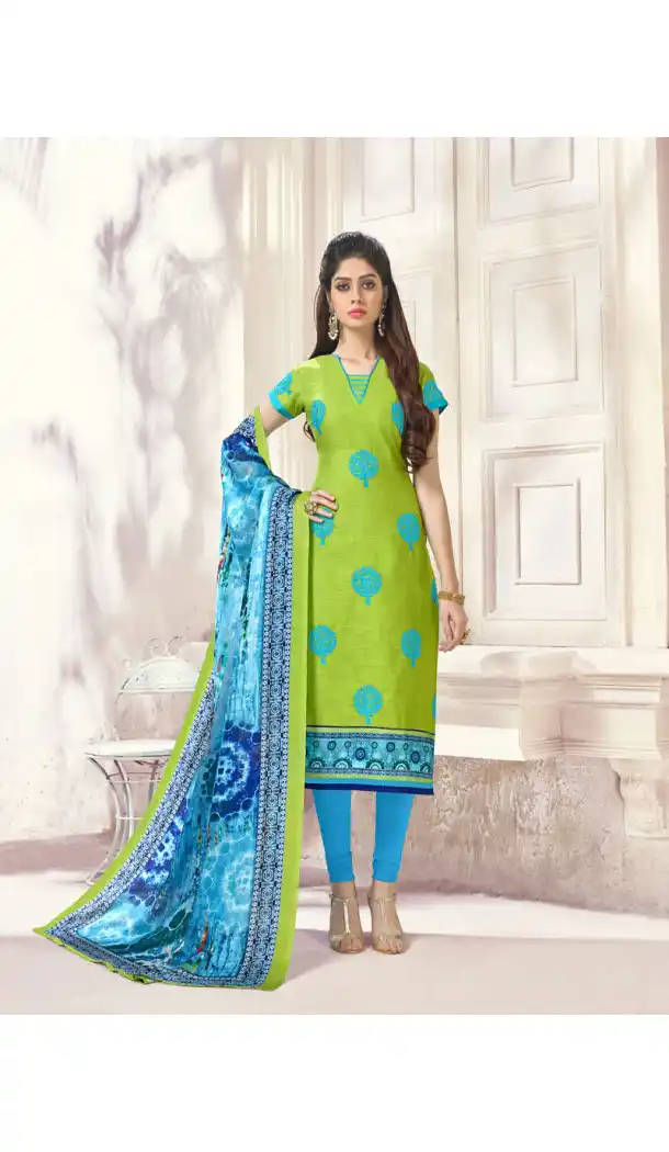 Printed Straight Cut Suit in Green and Sky Blue with dupatta manipuram Silk