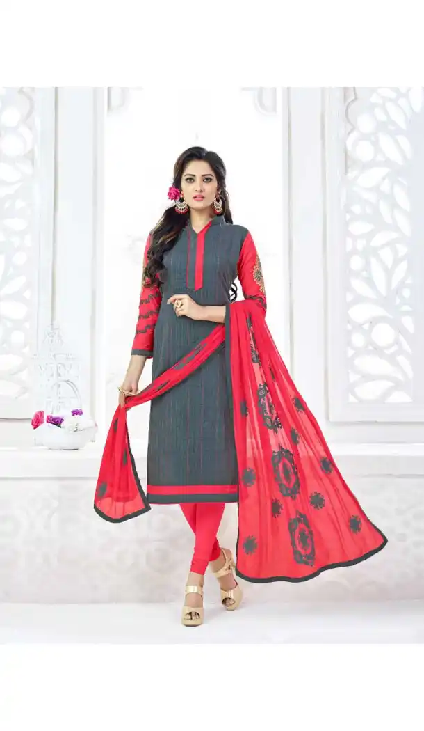 Printed Latest Regular Wear Straight Cut Suit in Grey and Pink