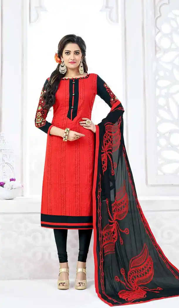 Printed Latest Regular Wear Straight Cut Suit in Red and Black