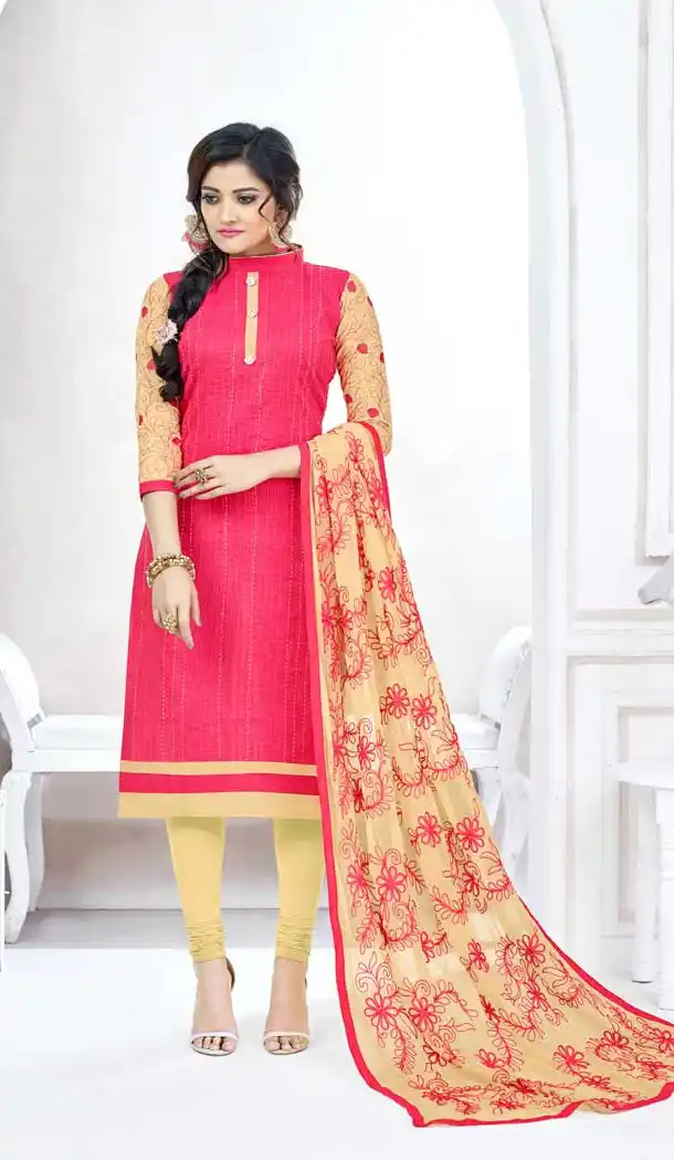 Printed Latest Regular Wear Straight Cut Suit in Pink and Beige