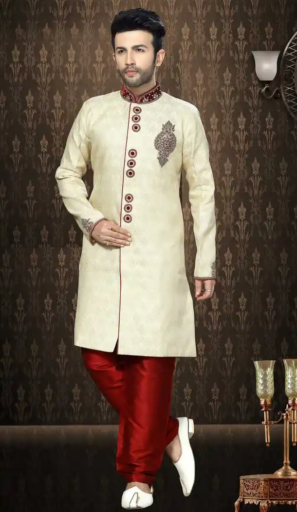 Cream Color Jacquard Ethnic Wear Mens Wedding Sherwani | FHKF13605780