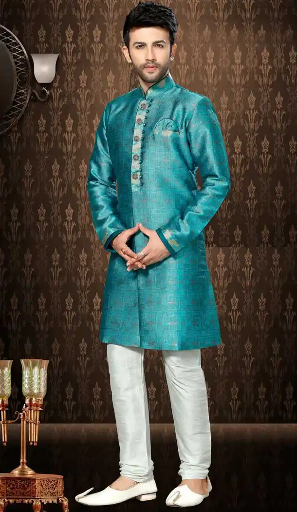 Rama Color Giccha Silk Ethnic Wear Mens Wedding Sherwani | FHKF13605785
