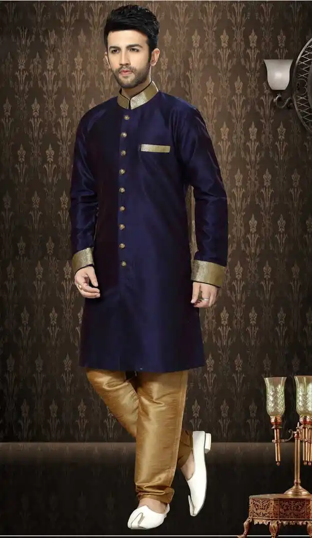 Navy Blue Color Giccha Silk Ethnic Wear Mens Wedding Sherwani | FHKF13605792
