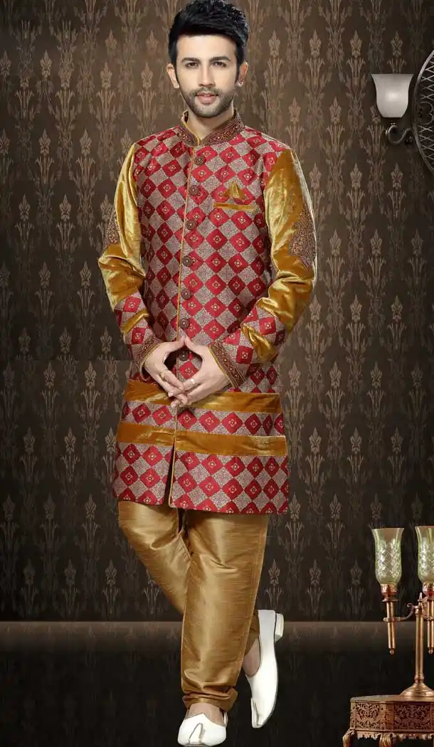 Mustard, Multi Color Velvet and Jaquard Ethnic Wear Mens Wedding Sherwani | FHKF13605794