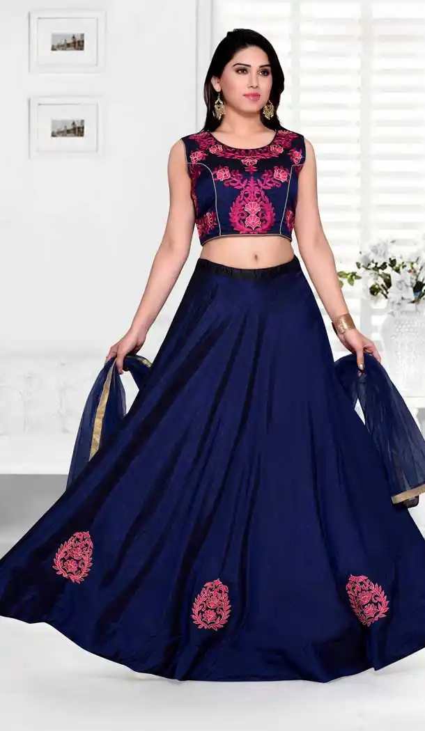 Navy Blue Color Net with Slub Silk based Designer Party Wear Lehenga Choli | FHKF13615803