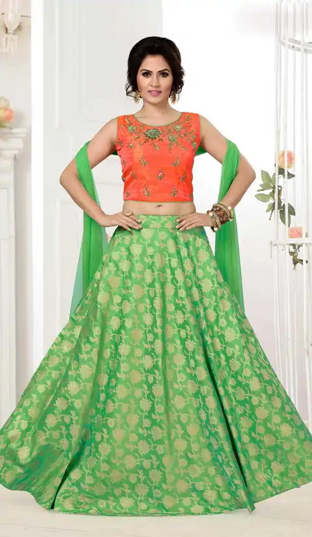 Orange and Green Color Net with Brocade Butta based Designer Party Wear Lehenga Choli | FHKF13615807
