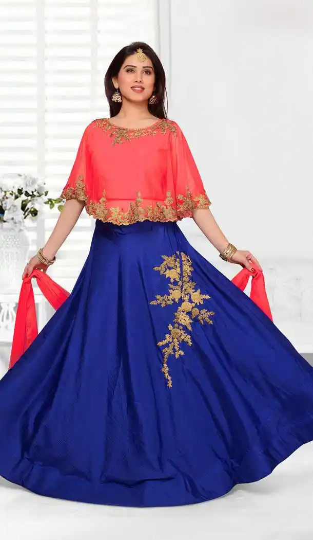 Orange & Blue Color Net with Slub Silk based Designer Party Wear Lehenga Choli | FHKF13615810