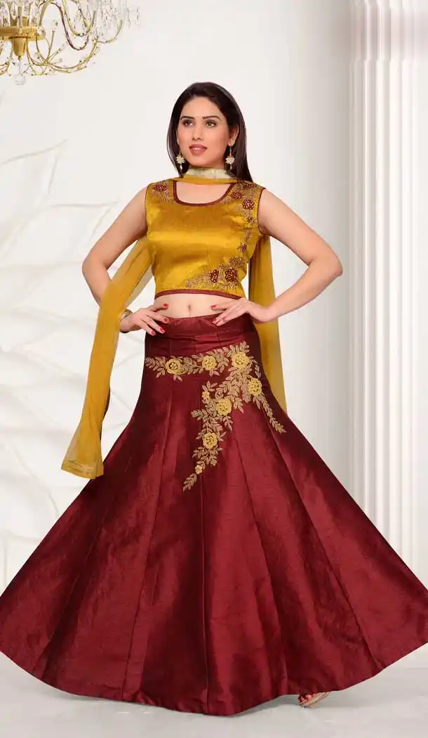 Yellow and Maroon Color Net with Satin Slub Silk based Designer Party Wear Lehenga Choli | FHKF13615812