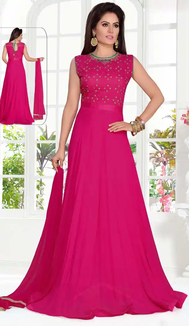A Line Crystals Stones Work Pink Color Party Wear Georgette | FHKF13625820