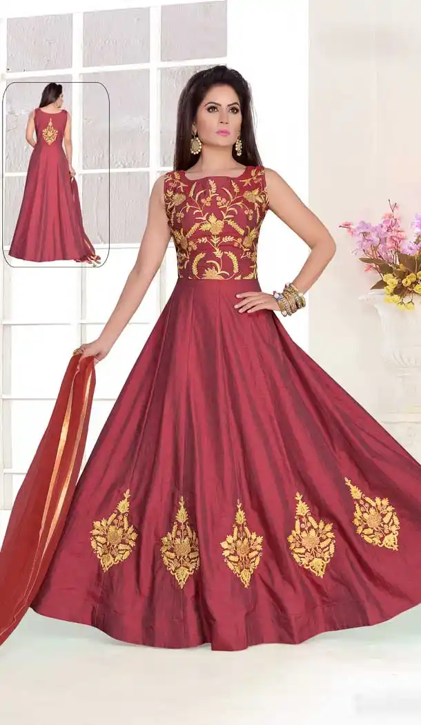 A Line Crystals Stones Work Dark Tometto Color Party Wear Slub Silk | FHKF13625827