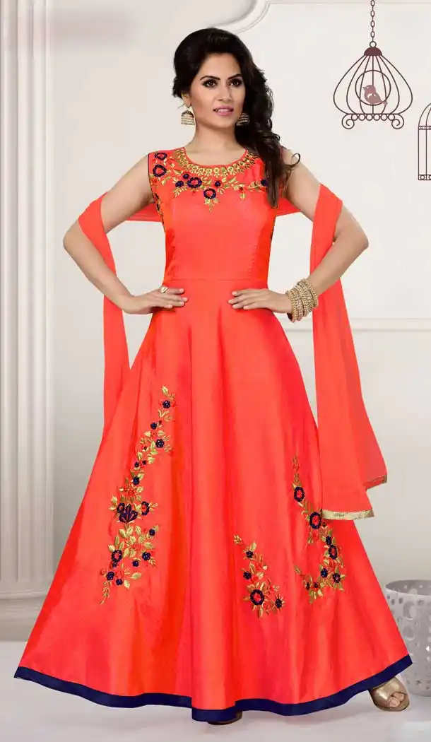 Long Anarkali Style Slub Cotton Party Wear Churidar Kameez in Orange Color | FHKF13635829