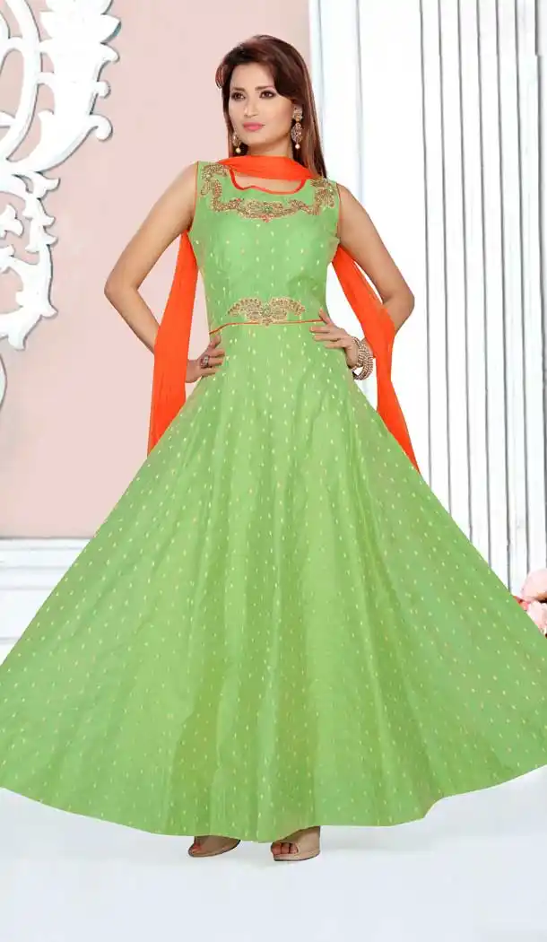 Long Anarkali Style Chanderi Butti Party Wear Churidar Kameez in Green Color | FHKF13635831