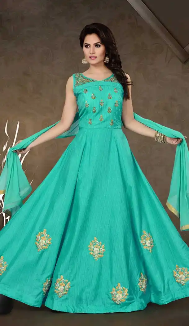 Long Anarkali Style Slub Silk Party Wear Churidar Kameez in Sky Blue Color | FHKF13635832