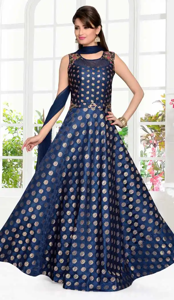 Long Anarkali Style Brocade Butti Party Wear Churidar Kameez in Navy Blue Color | FHKF13635834