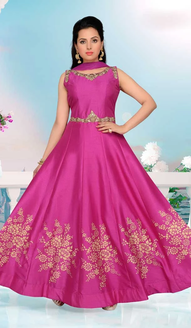 Long Anarkali Style Satin Silk Wear Churidar Kameez in Dark Pink Color | FHKF13635840