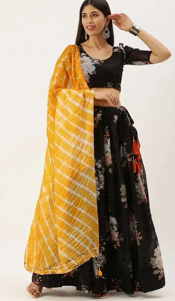 Black Color Georgette Printed Traditional Party Wear Lehenga Choli -2985143588