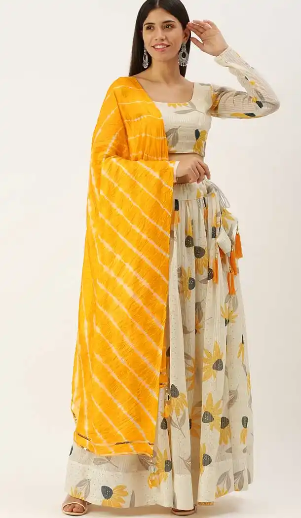 Off White Yellow Color Georgette Printed Traditional Party Wear Lehenga Choli -2985143591