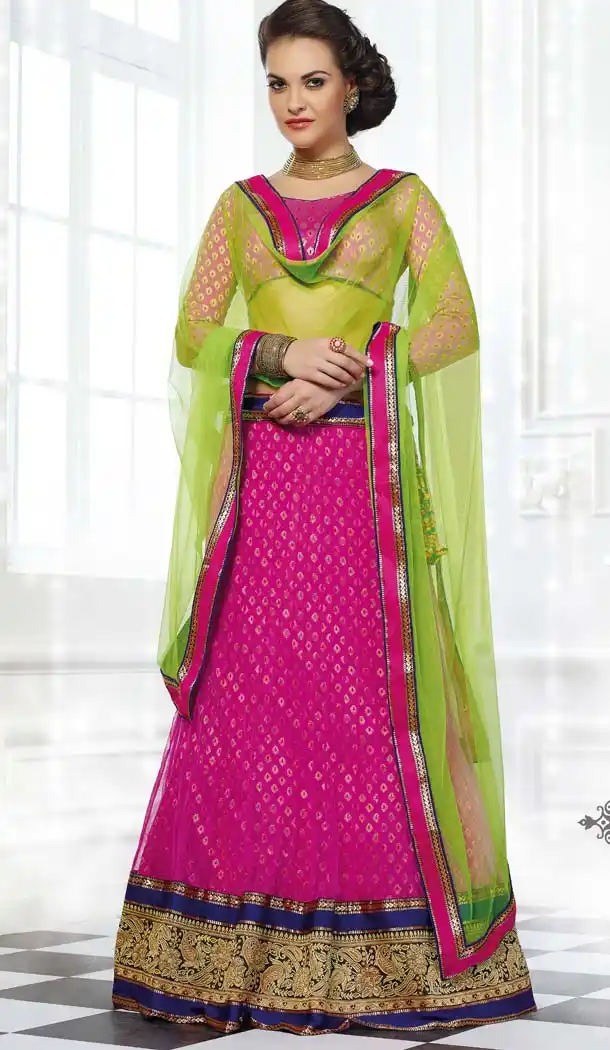 Women's Deep Pink Color Net Fabric Pretty Unstitched Lehenga Choli With Lace Work Dupatta