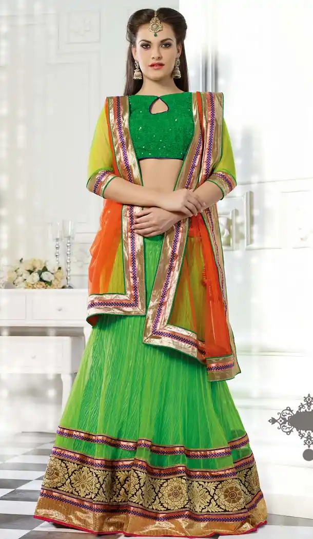 Women's Lime Green Color Pretty A Line Lehenga Style With Lace Work Dupatta