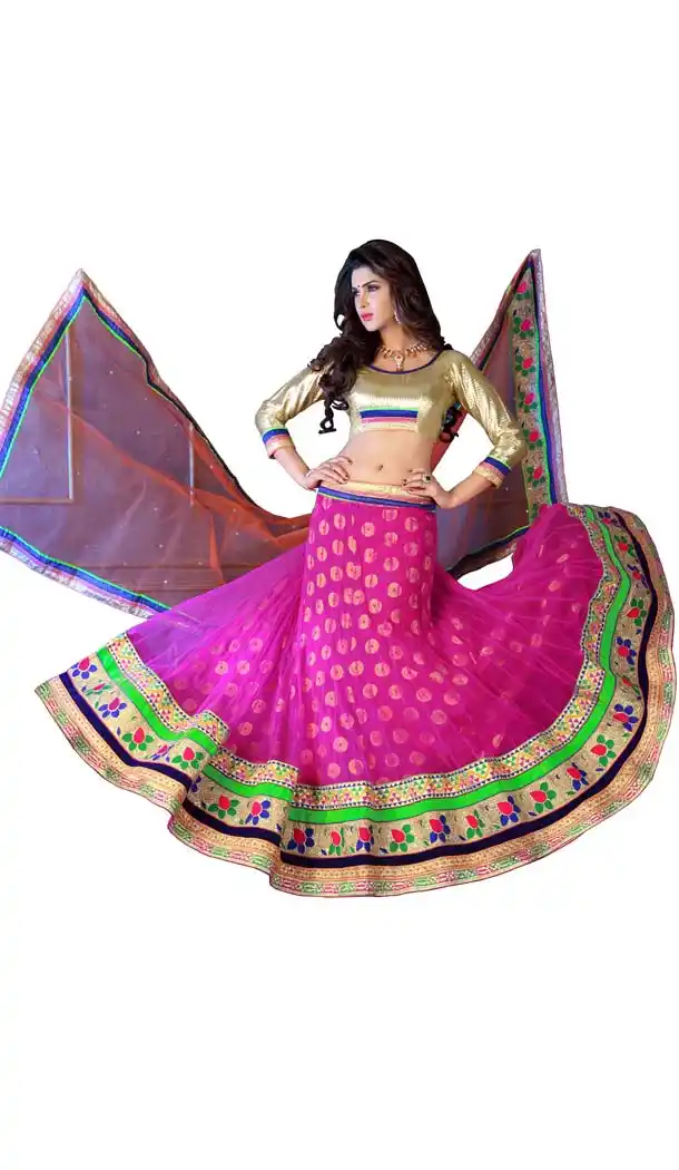 Women's Net Fabric & Rose Pink Color Pretty Circular Lehenga Style With Crystals Work Dupatta