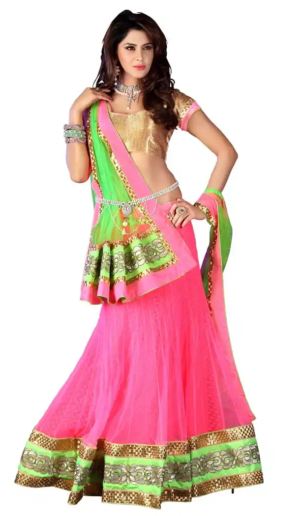 Women's Net Fabric & Rose Pink Color Pretty Mermaid Cut Lehenga Style With Stones Work Dupatta