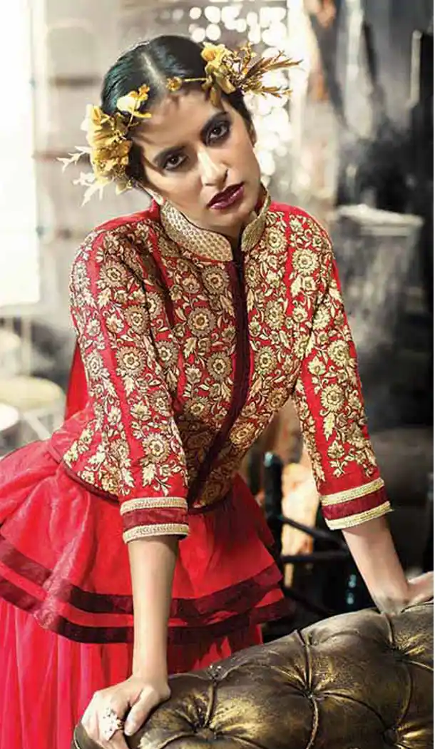 Deep Scarlet Color with Dupioni Raw Silk Designer Stitched Gowns | FH379262478