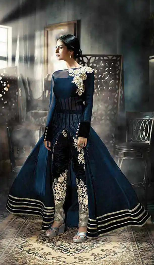 Navy Blue Color with Net Fabric Party Wear Stitched Gowns Style  | FH379262480