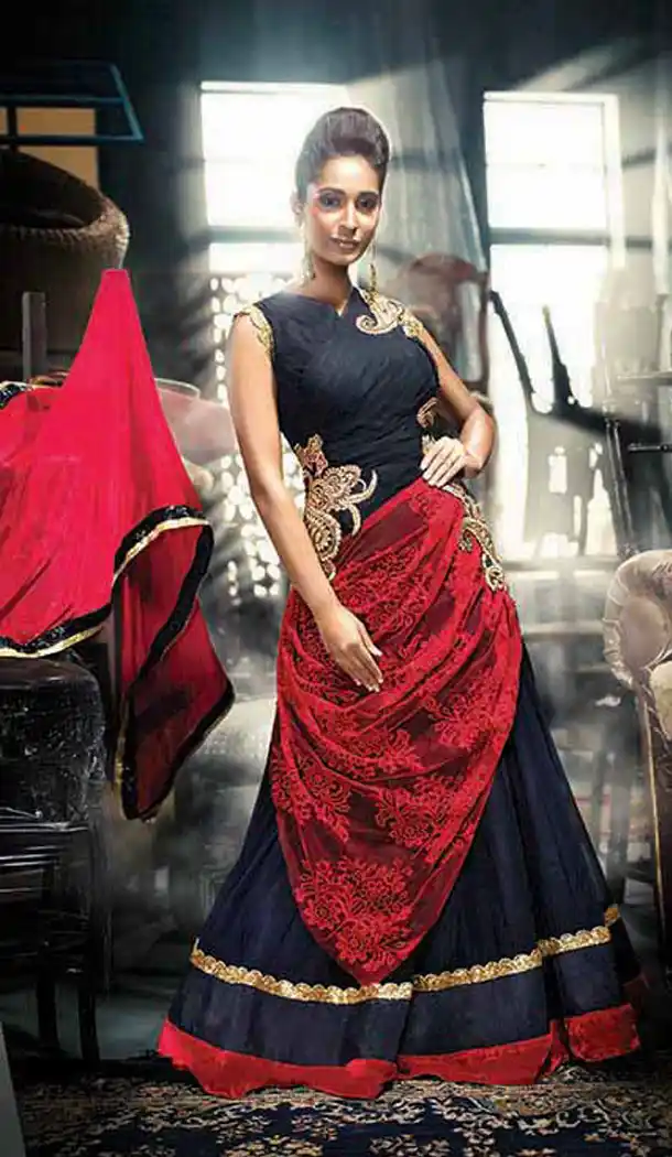 Deep Scarlet and Black with Net Party Wear Gowns  | FH379262482
